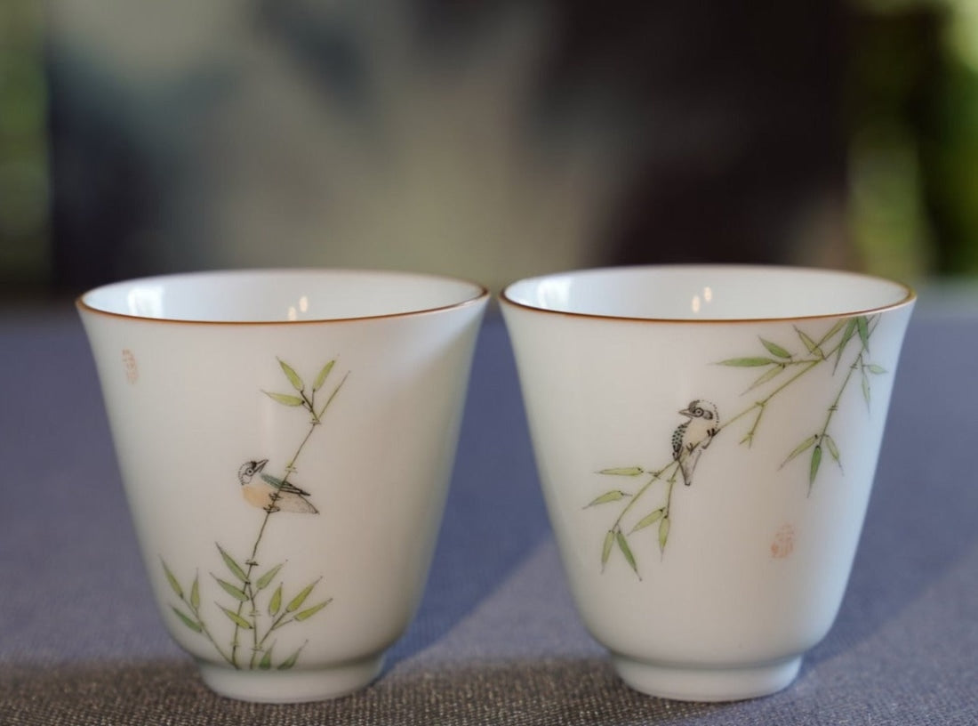 Meimei Fine Teas - Jingdezhen Artisan Doucai Porcelain Birds and Bamboo  Gongfu Teacup Pair - Tea