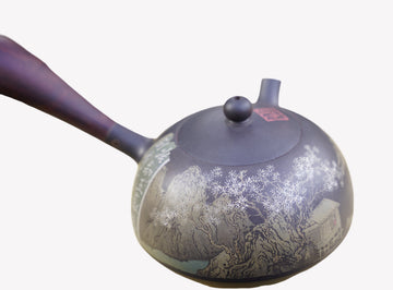 Artisan Jian Shui Purple Clay Teapot Color Carving Rosewood Handle