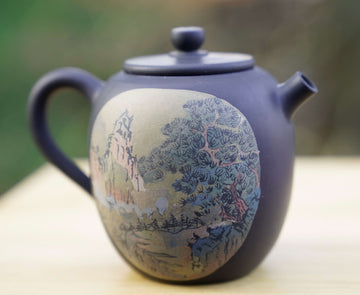 Artisan Jian Shui Purple Clay Teapot Inscribed Carving Mountainside