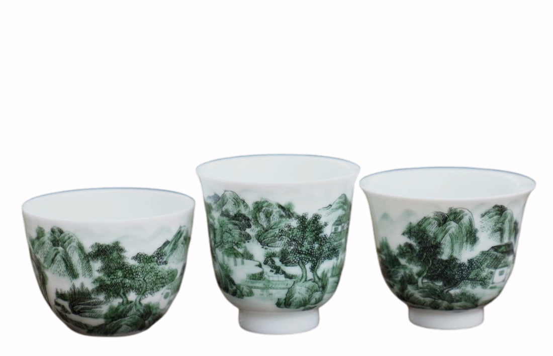 Jingdezhen Artisan Deep Green Painting Porcelain Teacup Distant Mountain