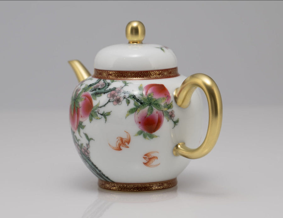 Masterpiece Gold-Plated Enamel Porcelain Teapot Longevity Peach